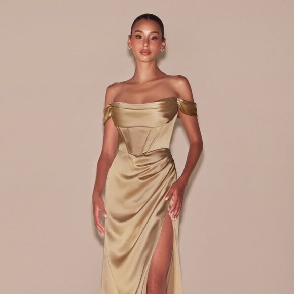 CD Dresses & Skirts - NEW LONG SHEATH OFF THE SHOULDER SLEEVELESS SATIN DRESS WITH ZIPPER BACK CD 7492